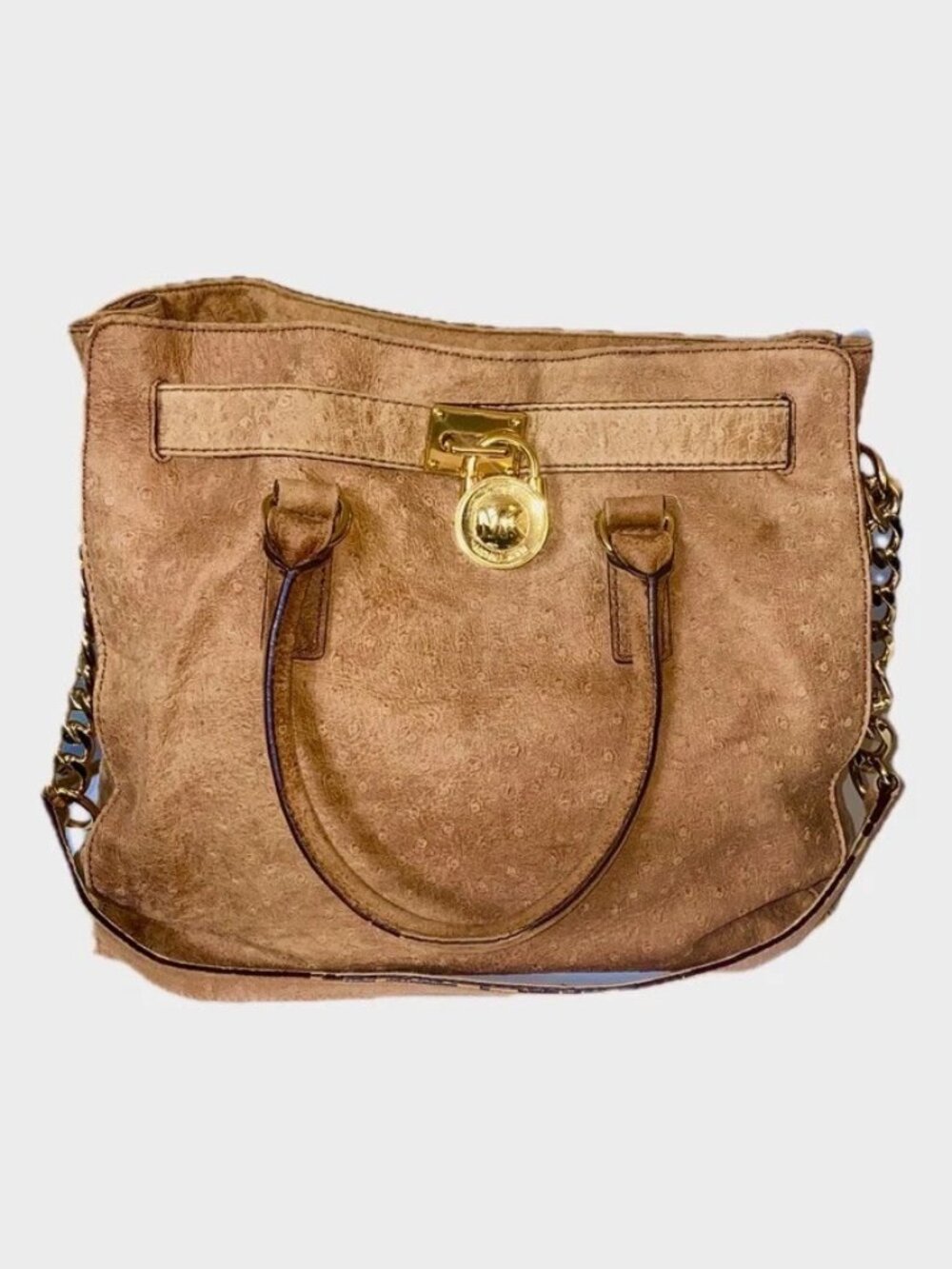 Michael Kors Hamilton Embossed Suede Tote Shoulder Bag in Cognac Ostrich Pattern - Picture 2 of 8